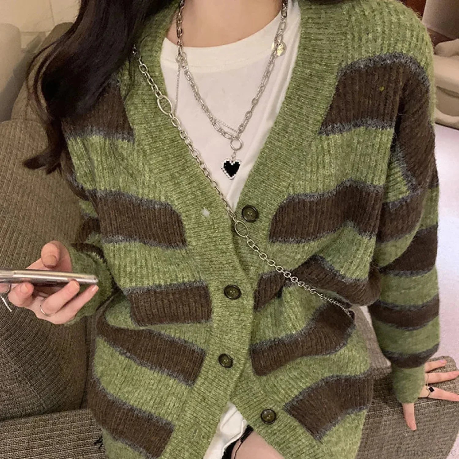 Retro Green Stripe V-Neck Single Breasted Cardigan image 5