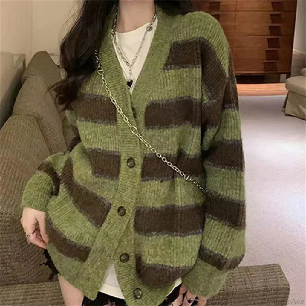 Retro Green Stripe V-Neck Single Breasted Cardigan image 1