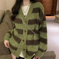 Retro Green Stripe V-Neck Single Breasted Cardigan image 1
