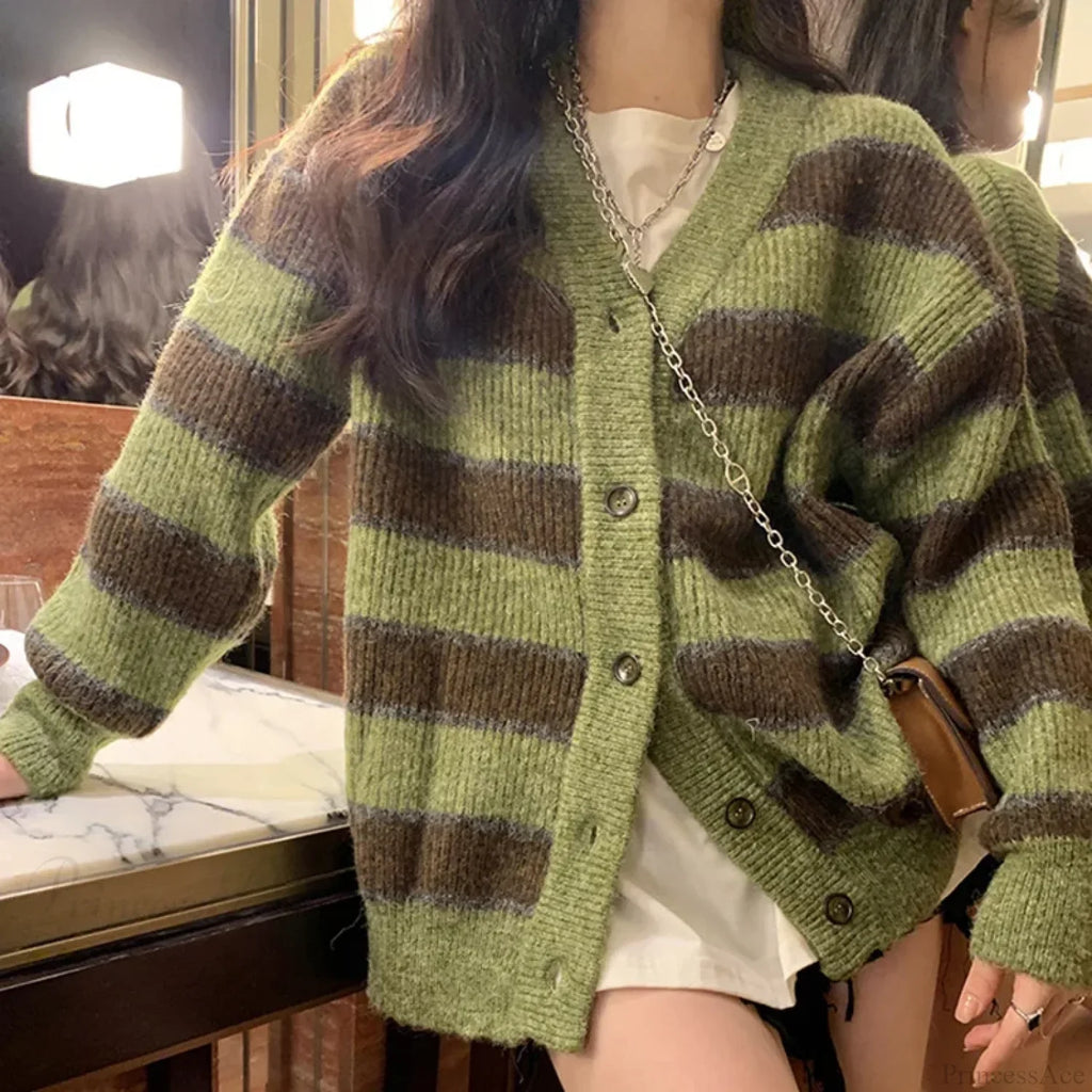 Retro Green Stripe V-Neck Single Breasted Cardigan image 2