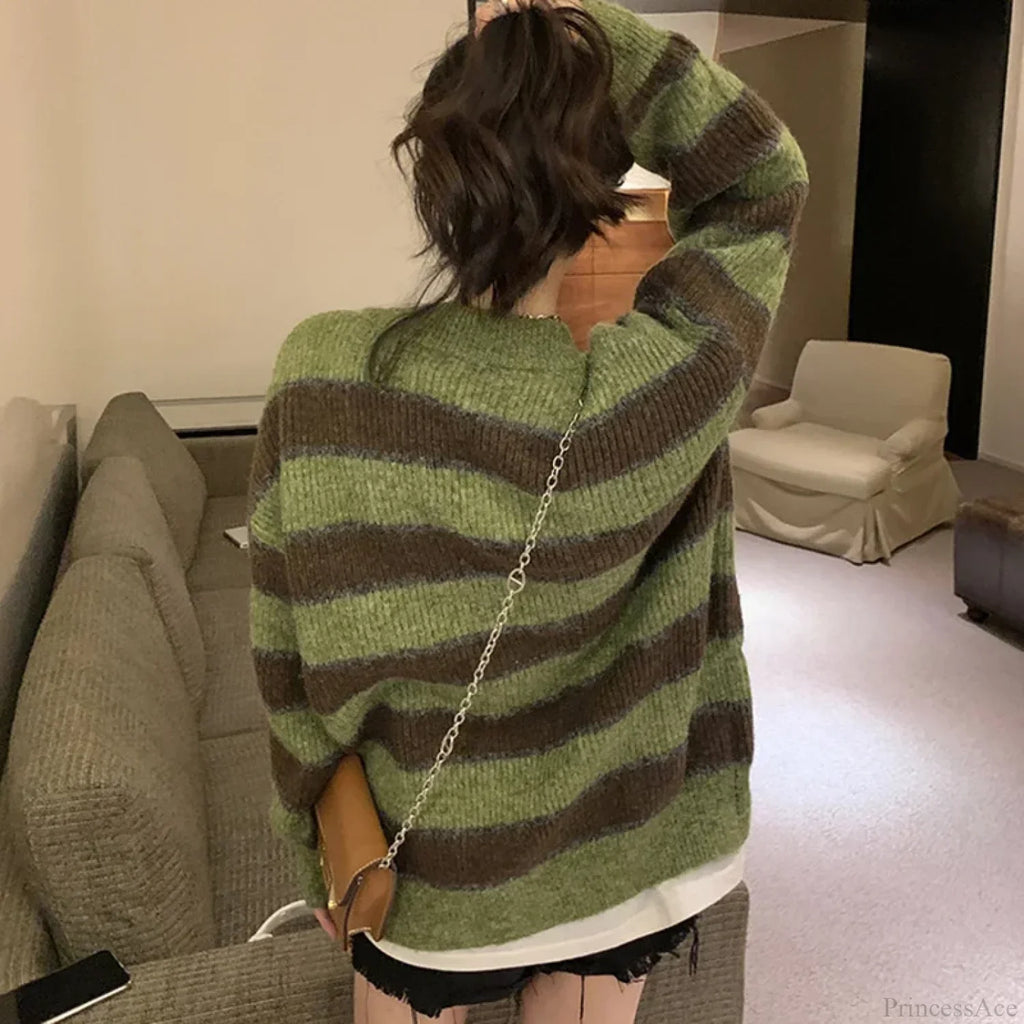 Retro Green Stripe V-Neck Single Breasted Cardigan image 4