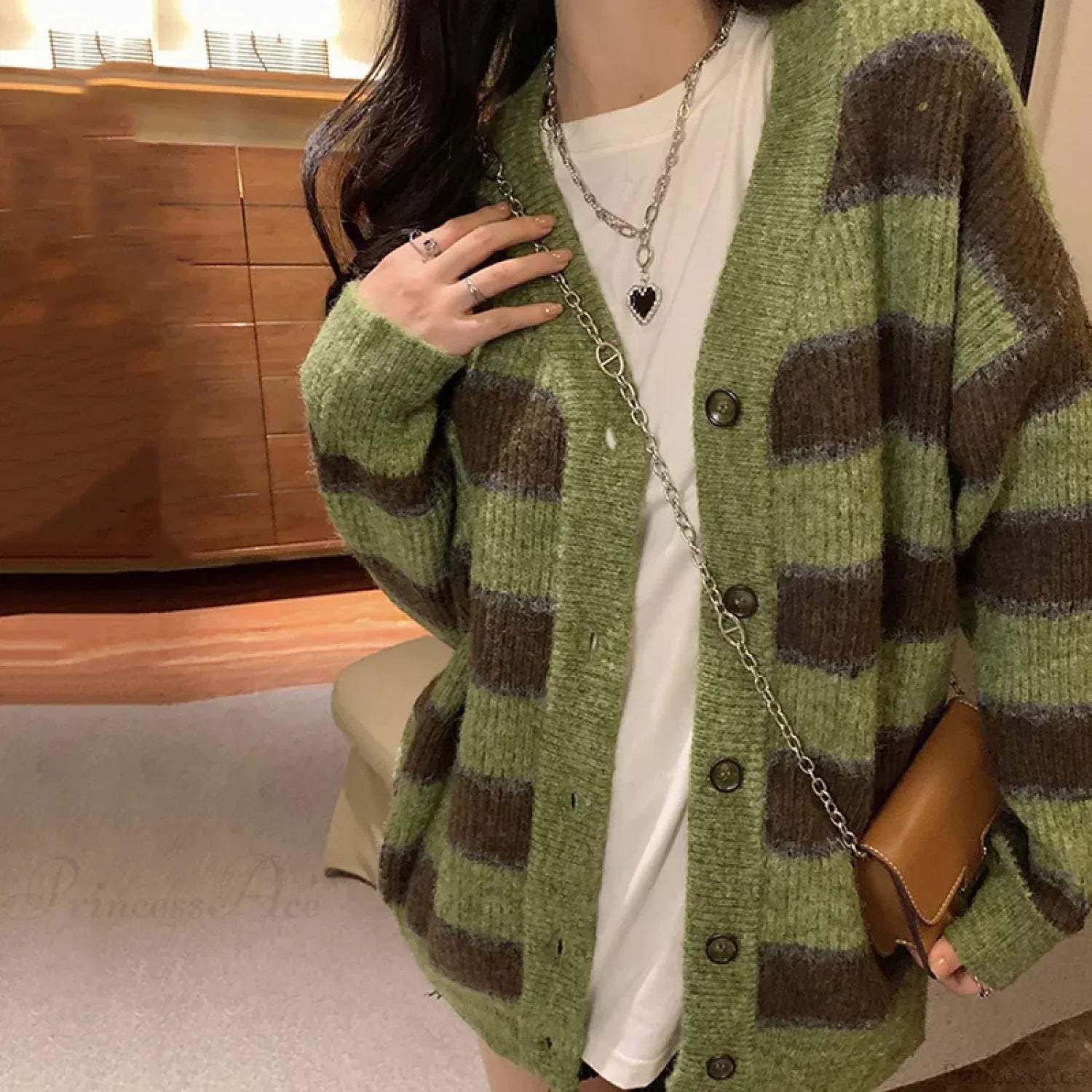 Retro Green Stripe V-Neck Single Breasted Cardigan image 6