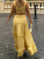 Retro Lace Trim Sleeveless Square Neck Tank Crop Top with Long Skirt Set image 5