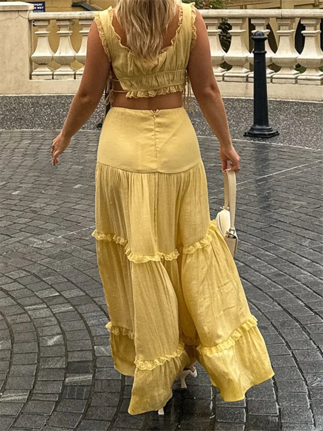 Retro Lace Trim Sleeveless Square Neck Tank Crop Top with Long Skirt Set image 5