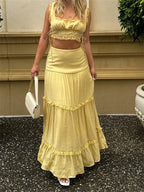 Retro Lace Trim Sleeveless Square Neck Tank Crop Top with Long Skirt Set image 2