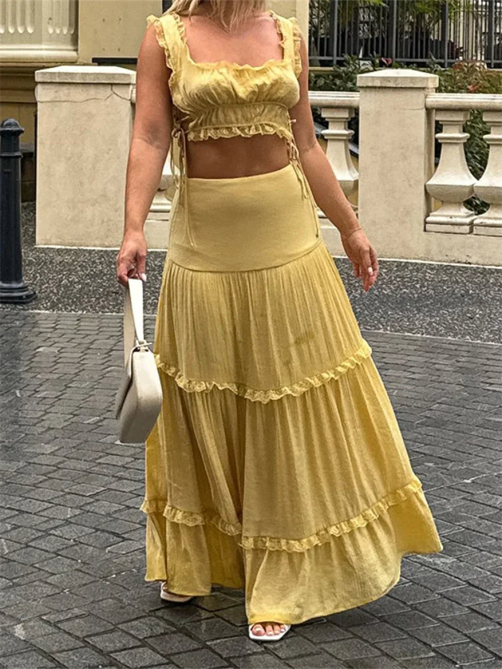 Retro Lace Trim Sleeveless Square Neck Tank Crop Top with Long Skirt Set image 4
