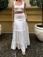 Retro Lace Trim Sleeveless Square Neck Tank Crop Top with Long Skirt Set image 6