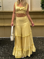 Retro Lace Trim Sleeveless Square Neck Tank Crop Top with Long Skirt Set image 1