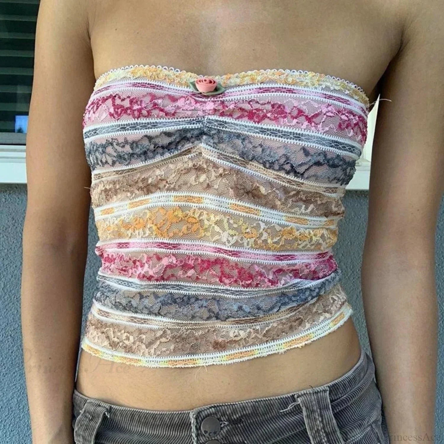 Retro Lace Trim Strapless Tube Crop Top image 5