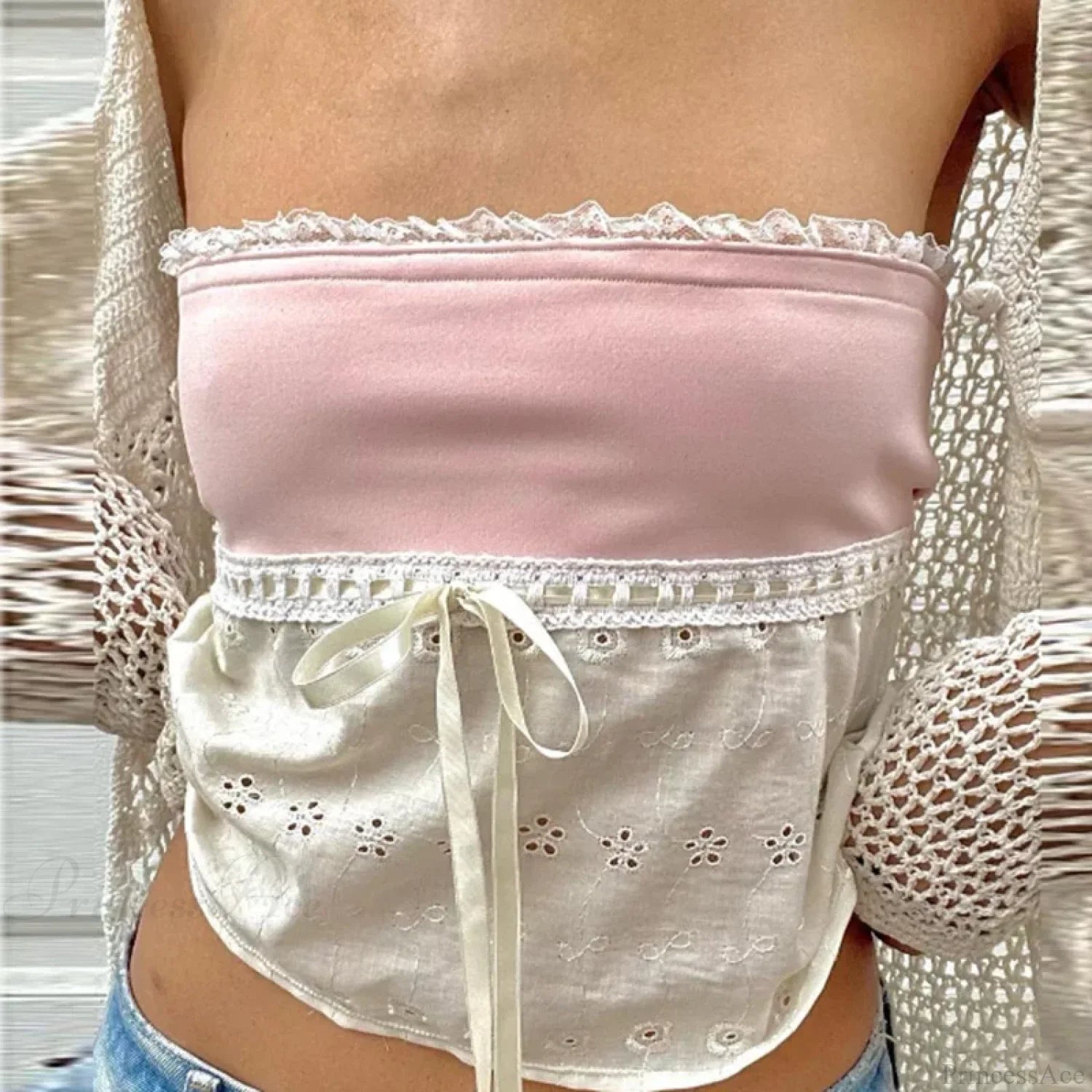 Retro Lace Trim Strapless Tube Crop Top image 7