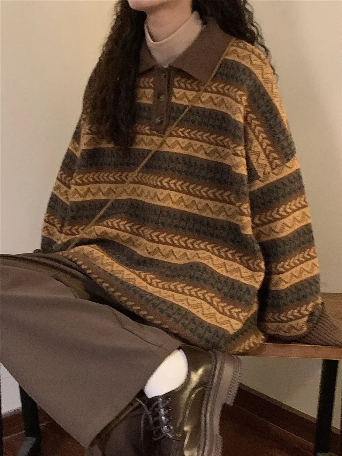 Retro Lazy Style Striped Loose Sweater image 3