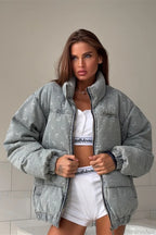 Retro Moon Print Denim Stand Collar Coat image 2