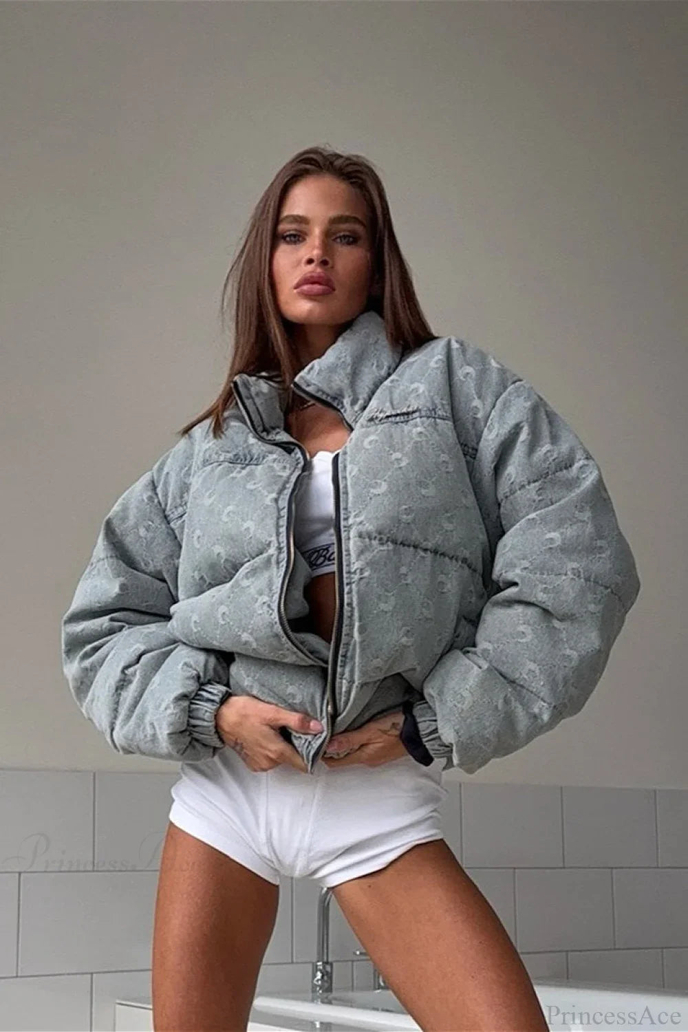 Retro Moon Print Denim Stand Collar Coat image 1
