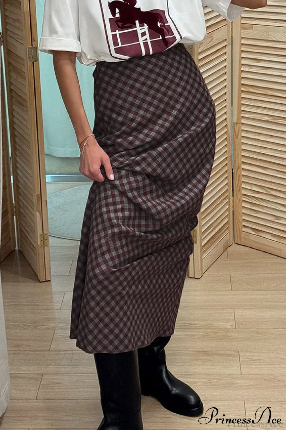 Retro Plaid Cotton Maxi Straight Skirt image 3