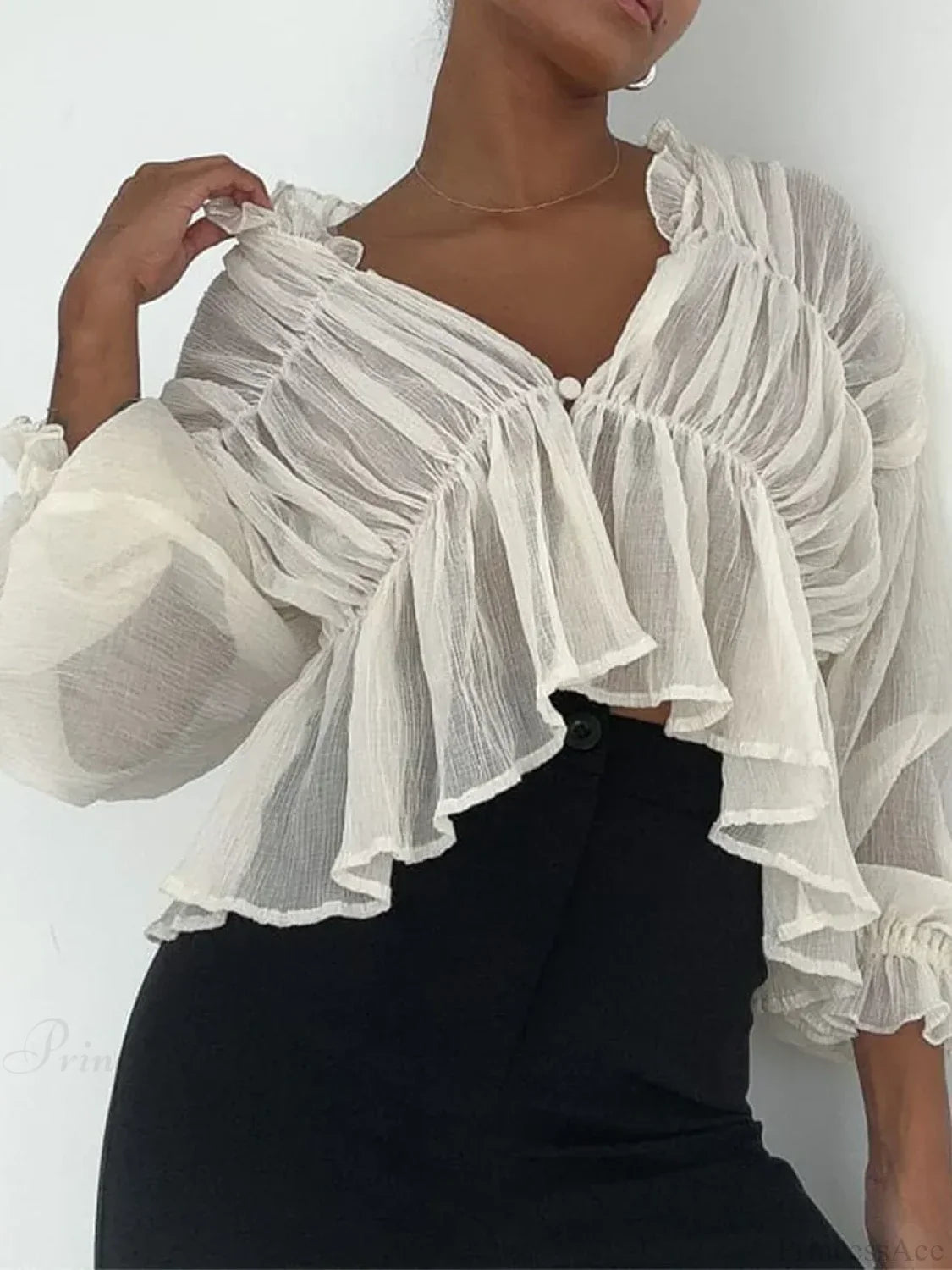 Retro Sheer Mesh Lantern Sleeve Blouse image 1