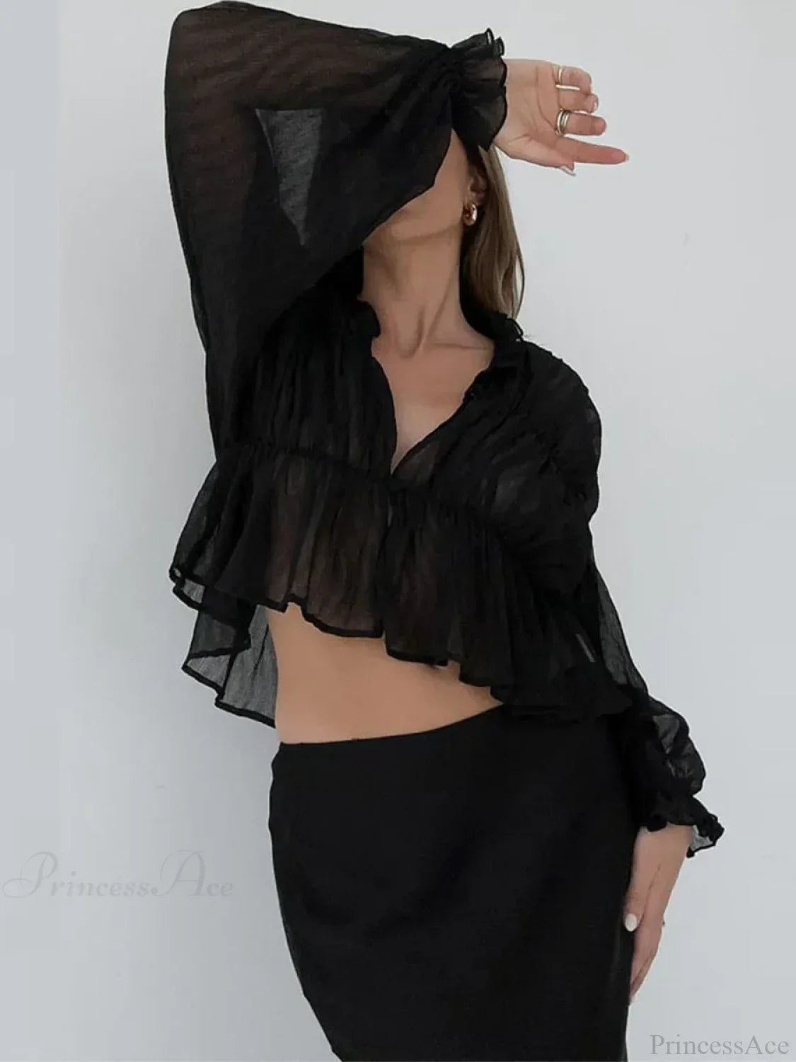 Retro Sheer Mesh Lantern Sleeve Blouse image 4