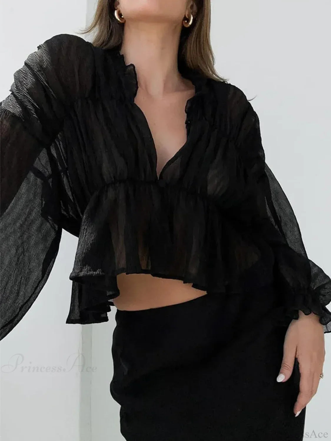 Retro Sheer Mesh Lantern Sleeve Blouse image 3