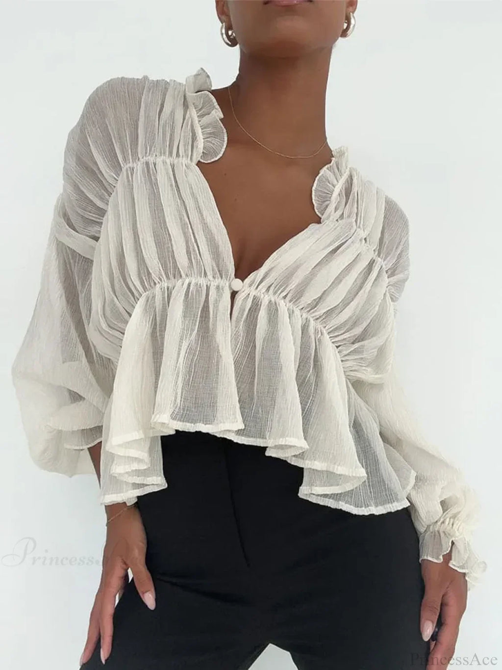 Retro Sheer Mesh Lantern Sleeve Blouse image 2