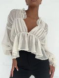 Retro Sheer Mesh Lantern Sleeve Blouse image 2