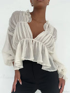 Retro Sheer Mesh Lantern Sleeve Blouse image 2