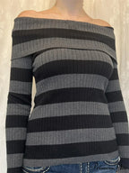 Retro Slash Neck Off Shoulder RibbedLong Sleeve  Knit Top image 3