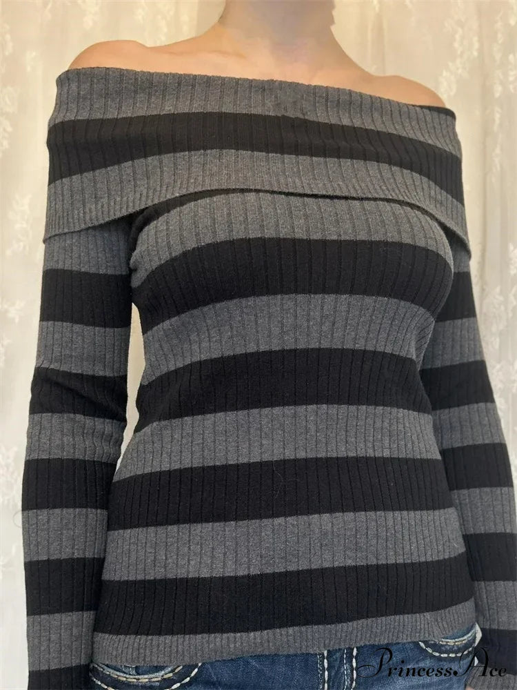 Retro Slash Neck Off Shoulder RibbedLong Sleeve  Knit Top image 3