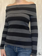 Retro Slash Neck Off Shoulder RibbedLong Sleeve  Knit Top image 4