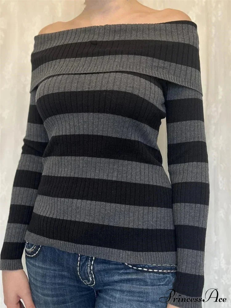 Retro Slash Neck Off Shoulder RibbedLong Sleeve  Knit Top image 4