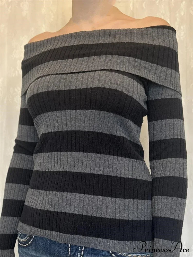 Retro Slash Neck Off Shoulder RibbedLong Sleeve  Knit Top image 2