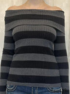 Retro Slash Neck Off Shoulder RibbedLong Sleeve  Knit Top image 1