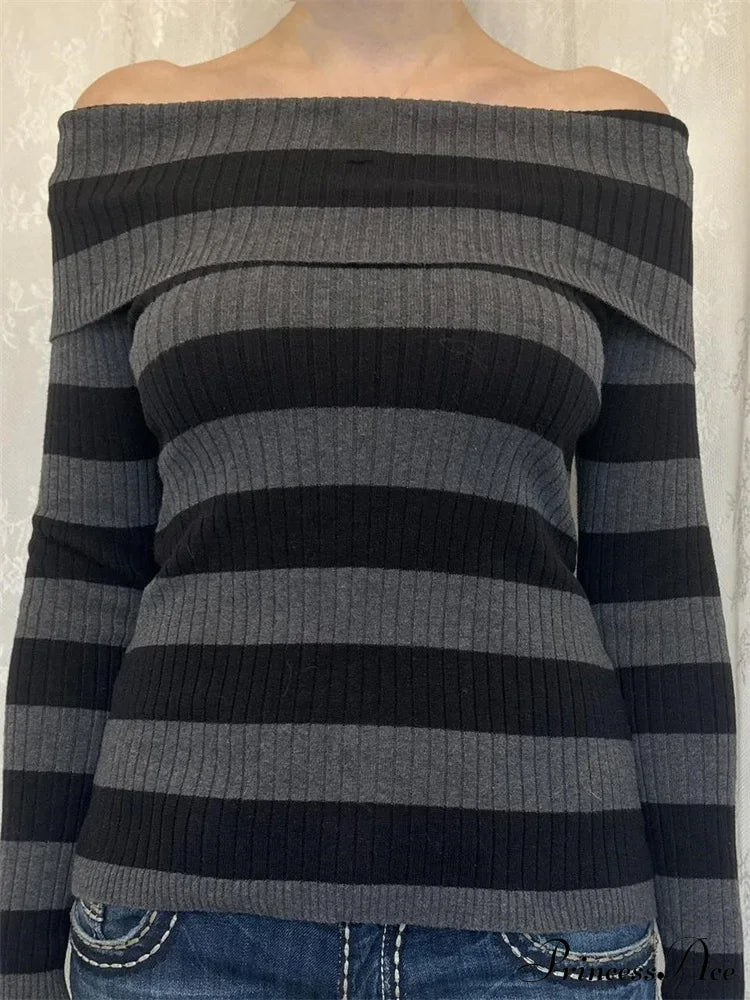 Retro Slash Neck Off Shoulder RibbedLong Sleeve  Knit Top image 1