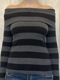 Retro Slash Neck Off Shoulder RibbedLong Sleeve  Knit Top image 5