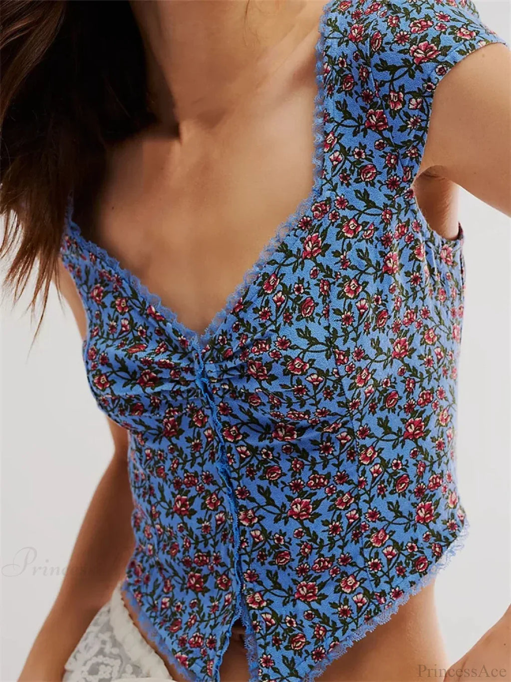 Retro Slim Fit Floral Button V-neck Crop Top image 3