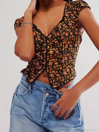 Retro Slim Fit Floral Button V-neck Crop Top image 1