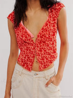Retro Slim Fit Floral Button V-neck Crop Top image 5