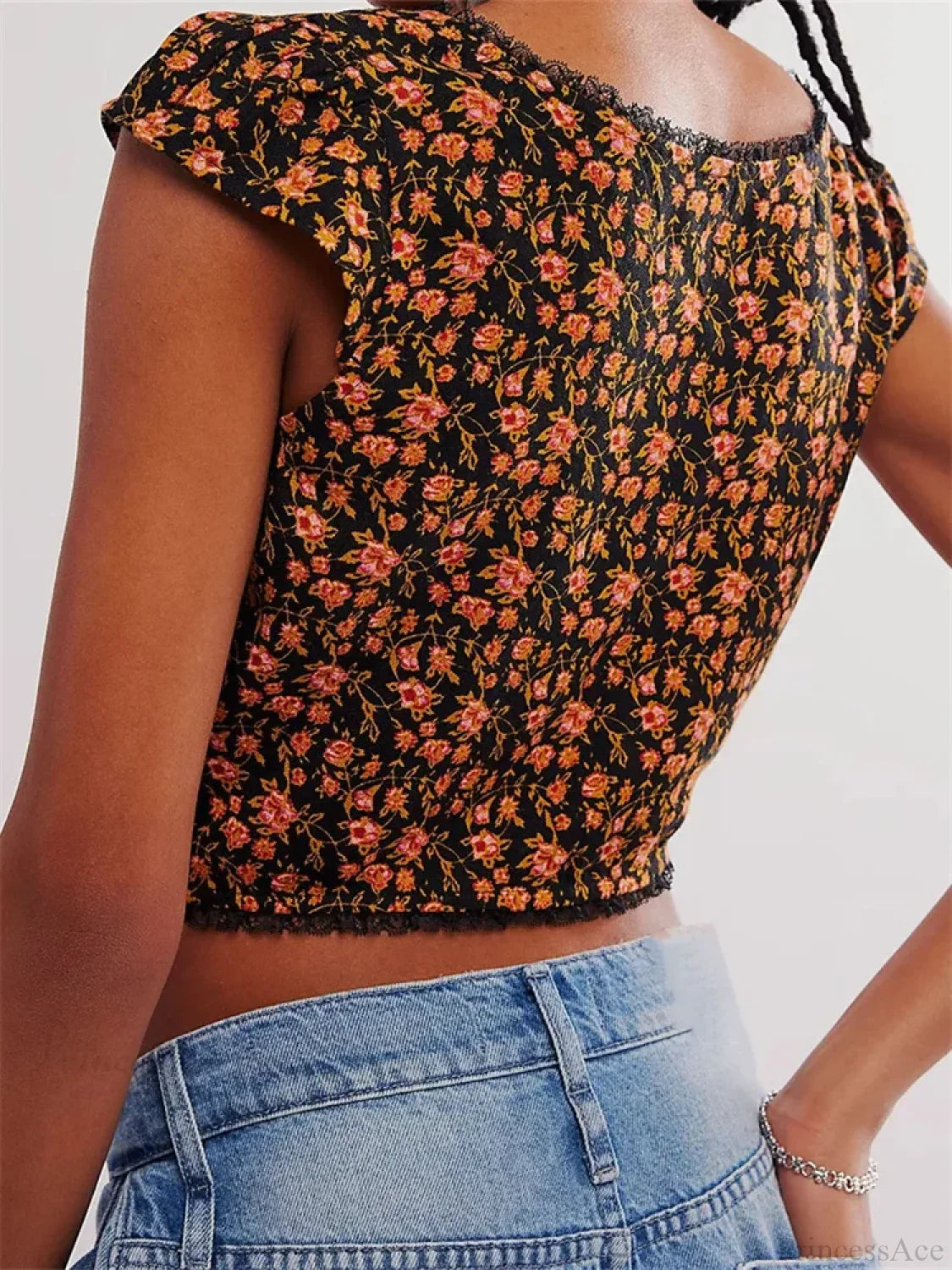Retro Slim Fit Floral Button V-neck Crop Top image 2