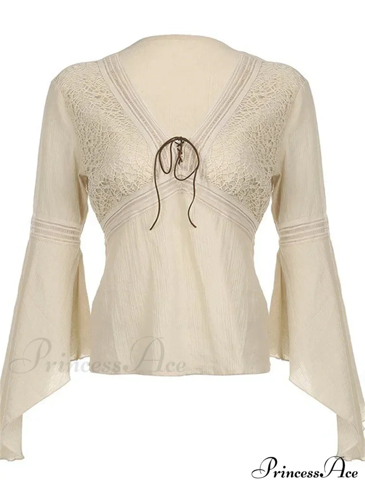 Retro  y2k Fairycore  V-neck Long Flare Sleeve T-shirts image 4