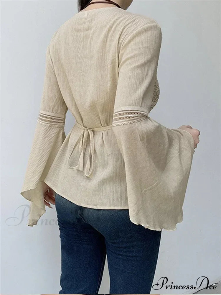Retro  y2k Fairycore  V-neck Long Flare Sleeve T-shirts image 3