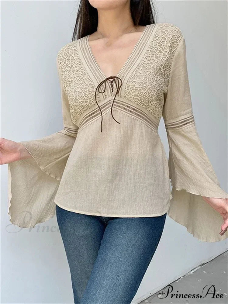 Retro  y2k Fairycore  V-neck Long Flare Sleeve T-shirts image 2