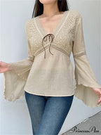 Retro  y2k Fairycore  V-neck Long Flare Sleeve T-shirts image 2