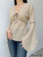 Retro  y2k Fairycore  V-neck Long Flare Sleeve T-shirts image 1