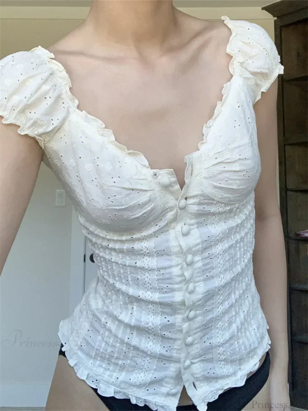 Retro Square Neck Button Down Short Sleeve Blouse image 2