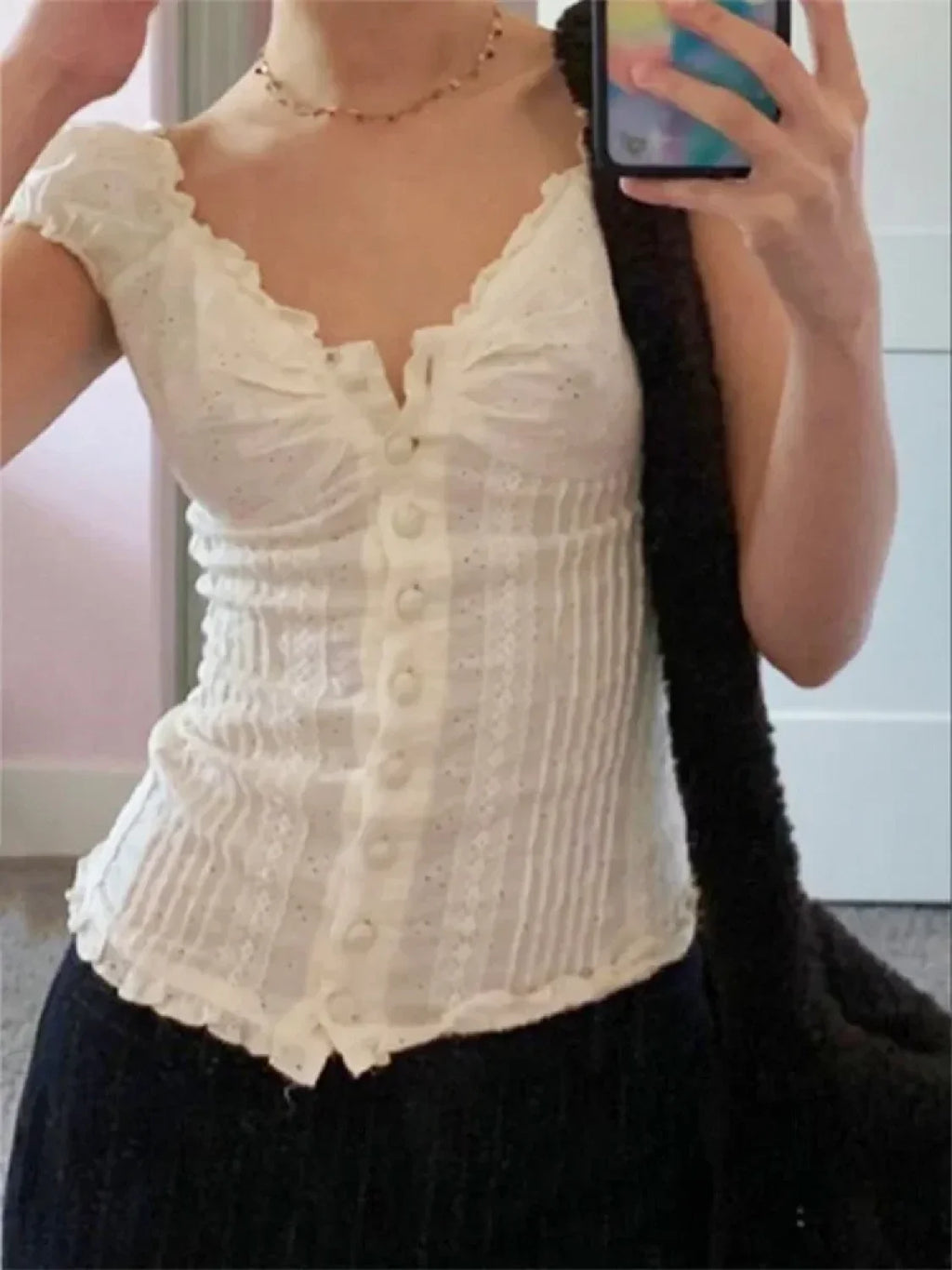 Retro Square Neck Button Down Short Sleeve Blouse image 5