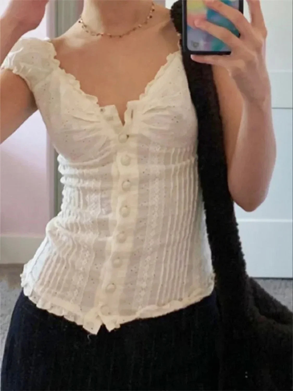 Retro Square Neck Button Down Short Sleeve Blouse image 5