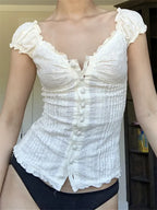 Retro Square Neck Button Down Short Sleeve Blouse image 3