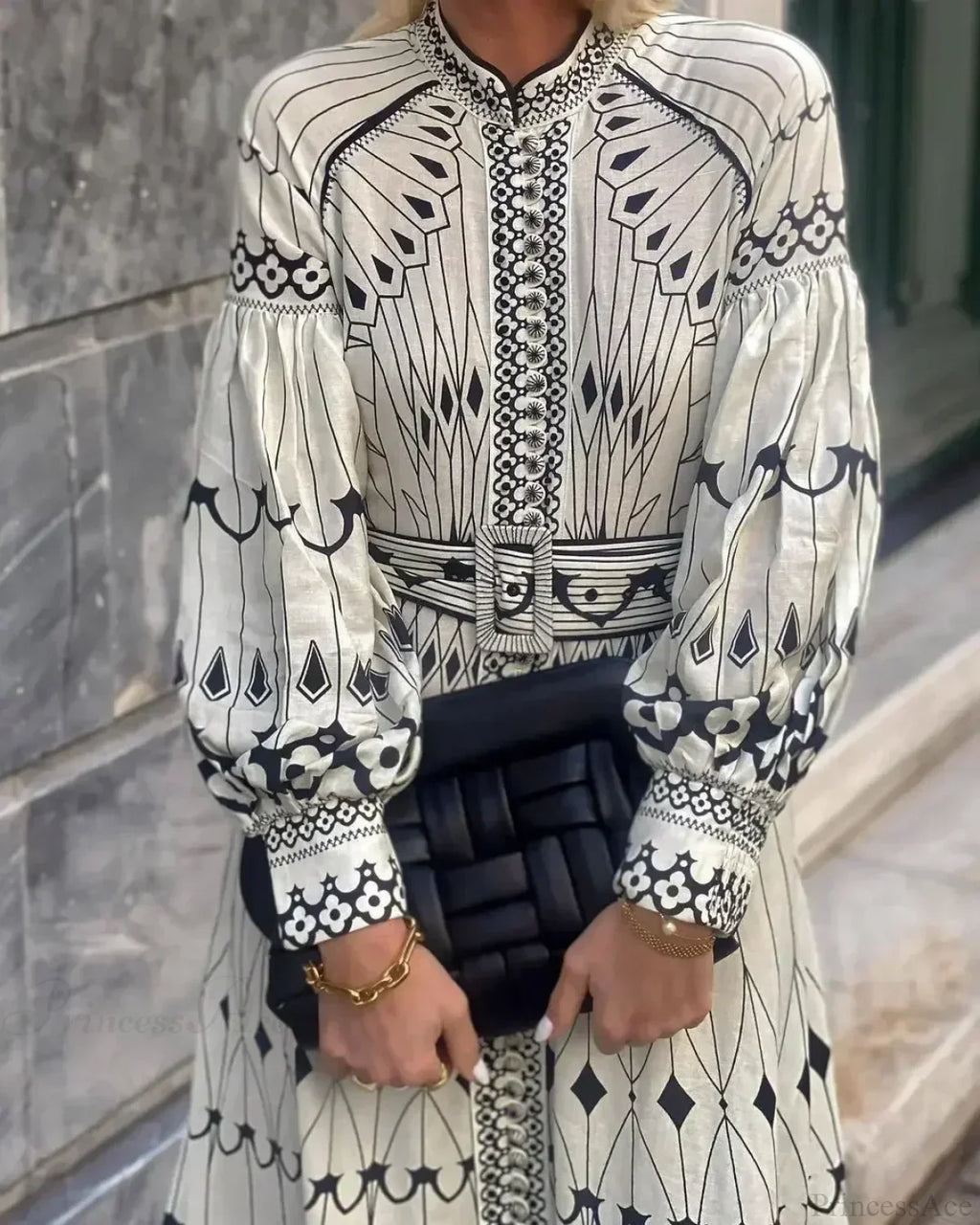 Retro Stand Collar Belted Boho Dress image 3
