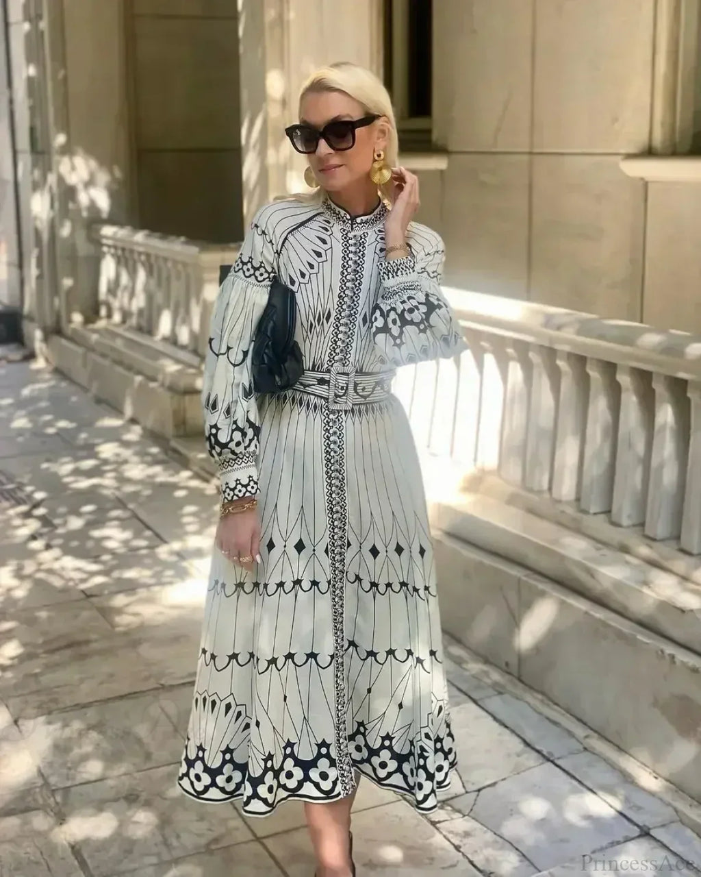 Retro Stand Collar Belted Boho Dress image 2