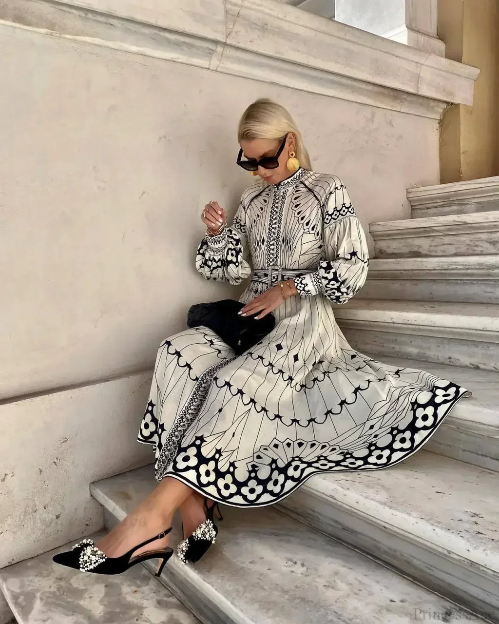Retro Stand Collar Belted Boho Dress image 5