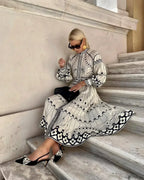 Retro Stand Collar Belted Boho Dress image 5