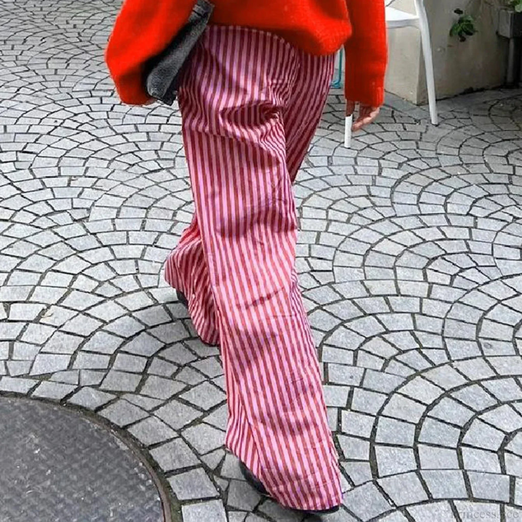 Retro Striped Button High Waist Straight Pant image 2